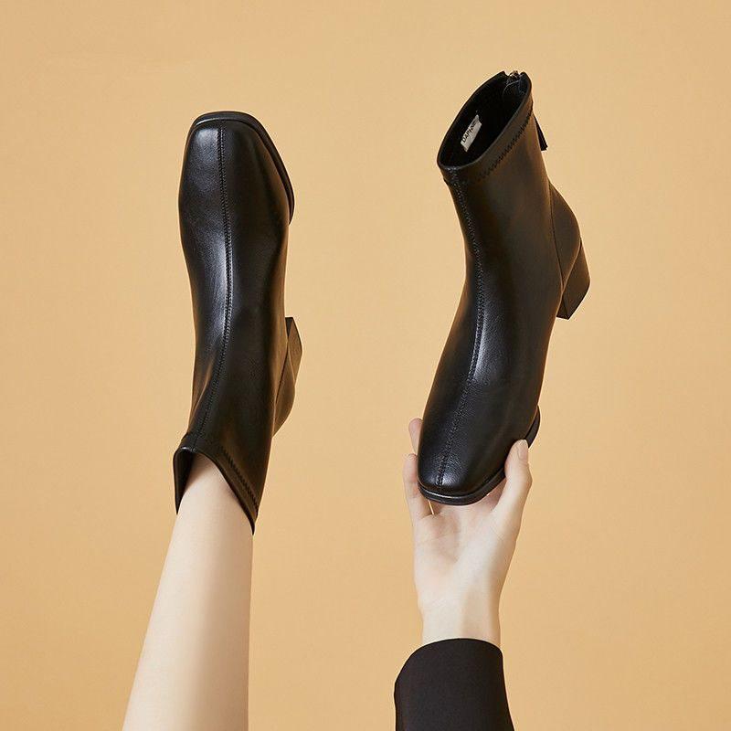 Women's White Soft Leather Ankle Boots with Square Toe and Chunky Heel - New Autumn/Winter 2025 French Style Medium Heel Slimming Design.