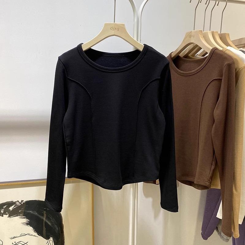 Solid color German velvet long-sleeved T-shirt women's winter double-sided polished warm slim-fit short fish bone top