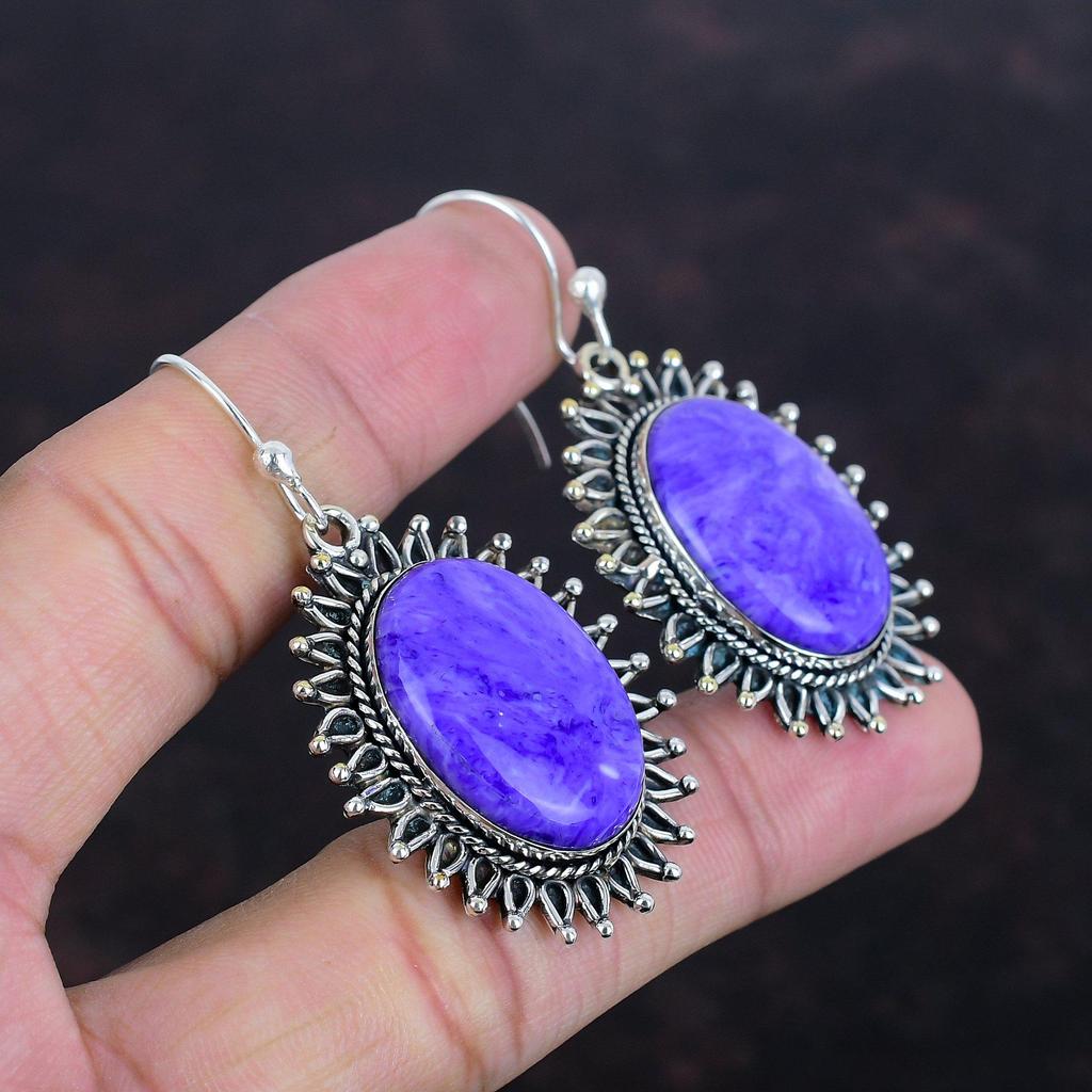 Charoite Gemstone Earrings Handmade Jewelry 925 Sterling Silver Earring Original Charoite Jewelry Awesome Dangle Earring Anniversary Gifts