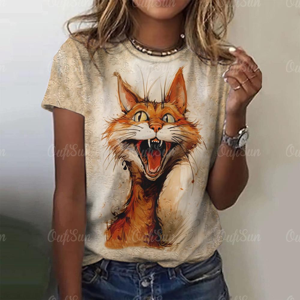 Ladies' Loose T-shirt Breathable Round Neck Short Sleeved Fashion 3D Digital Printing T-shirts Cute Cartoon Funny Animal Tops