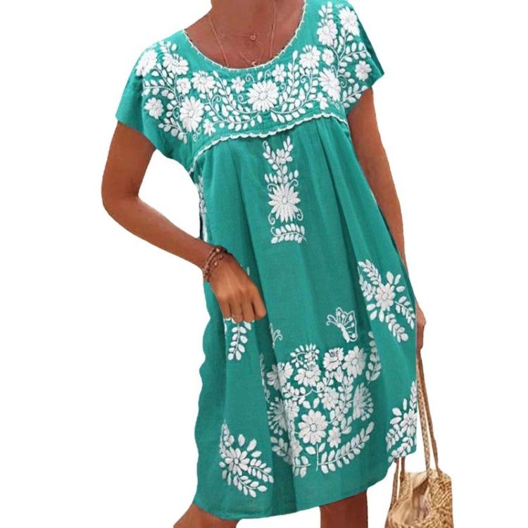 Women Ethnic Style Short Sleeved Round Neck Dress Spring Summer New Shoulder