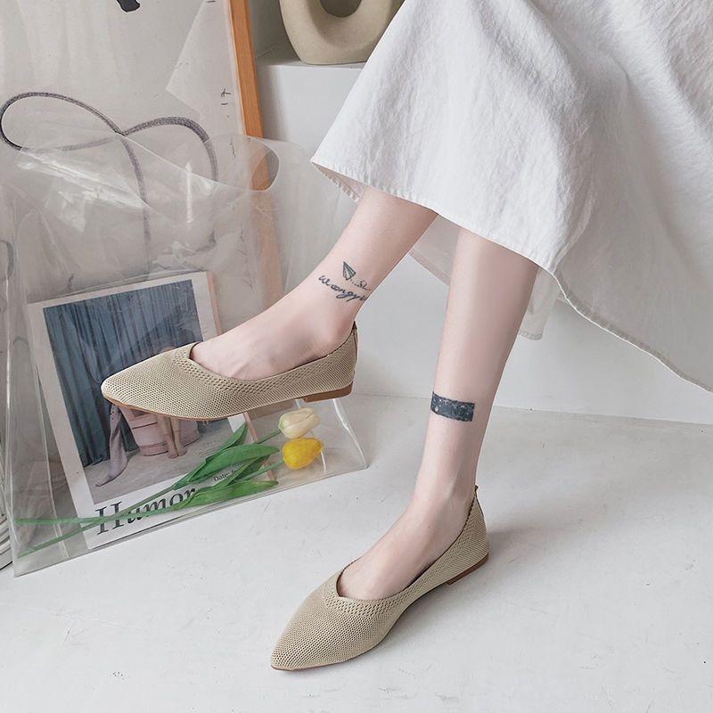 Жіноче взуття Весняно-літнє в'язане односпальне взуття з гострим низом, дихаюче взуття з квасолею, м'яке взуття з неглибоким ротом