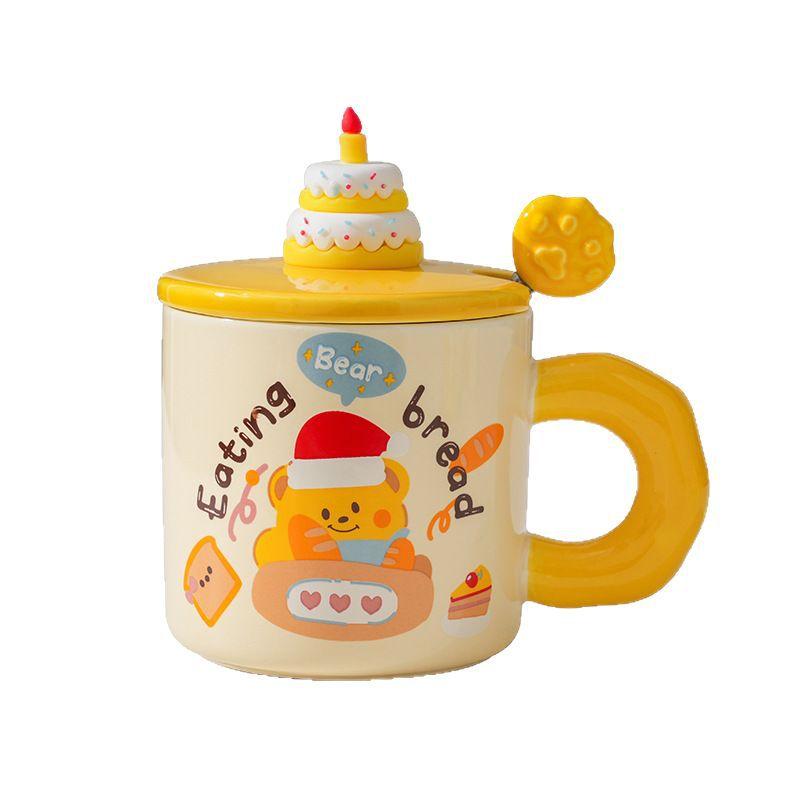 Cupa Ceramică Creativă cu Ursuleț Desen Animat, cu Capac și Linguriță, pentru Cafea de Uz Casnic, pentru Cuplu, pentru Apă, Cutie Cadou de Valoare Ridicată