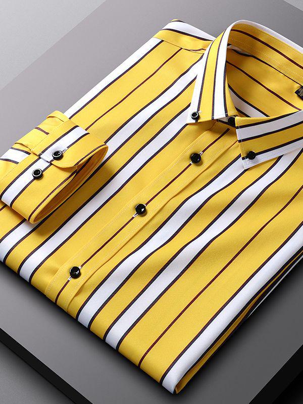 Men's 2618 Striped Stretch Wrinkle-Resistant Casual Long-Sleeve Shirt for All Seasons