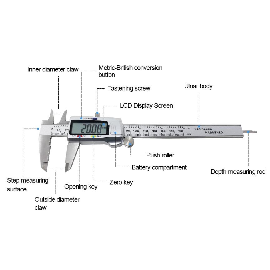 Paquímetro Digital de 6 Polegadas 150mm Micrômetro de Aço Inoxidável Ferramenta de Medição Régua de Profundidade Messschieber Paquimetro