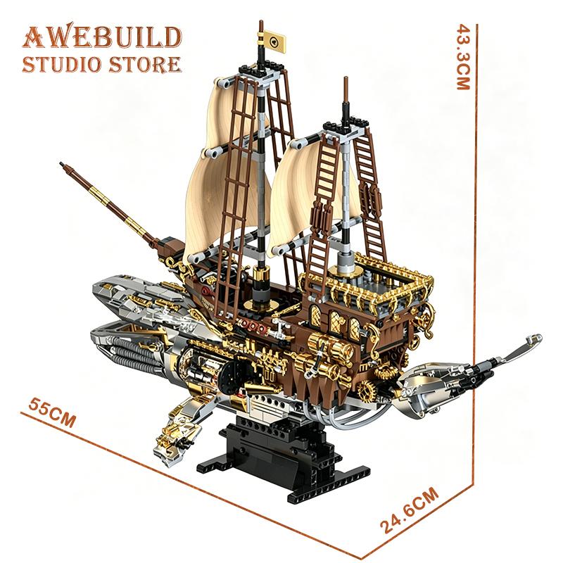 Vintage Steampunk Mecha Whale Ship Building Blocks 1979pcs Retro Steam Boat MOC Bricks Toys Sci-Fi Sailboat Model Birthday Gifts