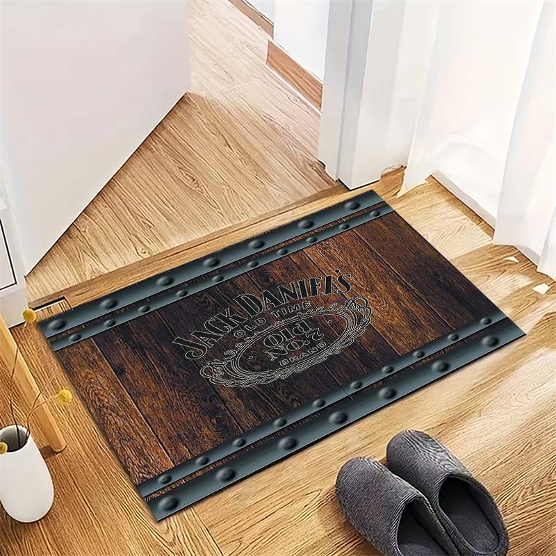 Jack Daniels Whiskey Rug Dark Wood Rivet Frame Logo Print Area Rug Floor Mat