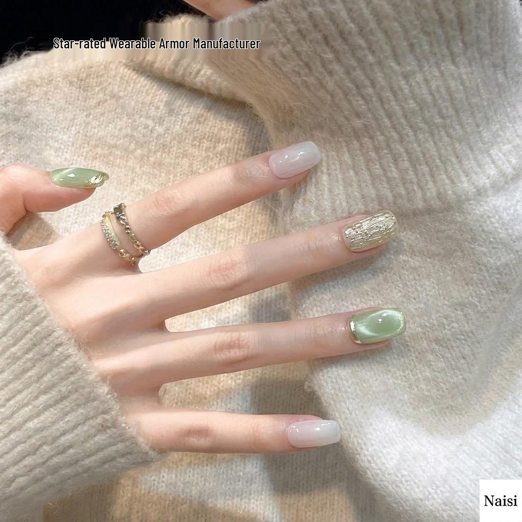 French Translucent Cat Eye Press-On Nails: Gilded Short Style in Fresh Ice Green