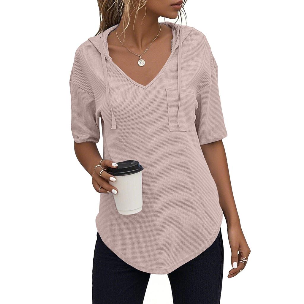 Women's Fashion Summer V-Neck T Shirt Drawstring Hooded Solid Color Short Sleeve Top