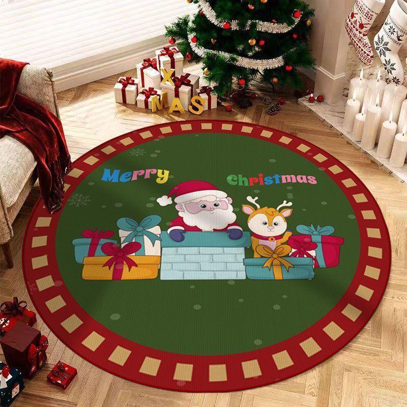 Round Christmas Red Carpet Mat Santa Reindeer Rug Snowman Gingerbread Man Festive Non-slip Home Decoration for Living Room Rugs
