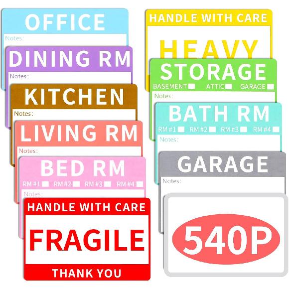 Azureal 540 PCS Moving Labels, 10 Color Coded Moving Stickers Including Fragile, Heavy and Blank Labels, 2'' x 3'' Packing Labels for Moving Boxes,