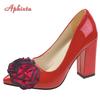 Aphixta Nouvelles Chaussures à Talons Carrés 7cm en Cuir Verni Femmes Escarpins Fleurs Vert Foncé Officiel Bout Pointu Grande Taille 49 50