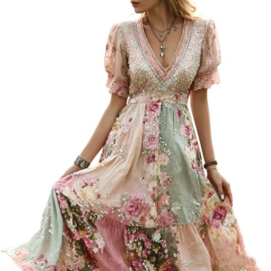 Women s Boho V-Neck Maxi Dress Floral Print Short S E