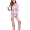 Damen Freizeit 2-teiliges Schlafset Satin Nachtwäsche Rosa Gestreiftes Pyjama-Set Langarm Oberteil & Hose Outfit Luxuriöse Hauskleidung Loungewear