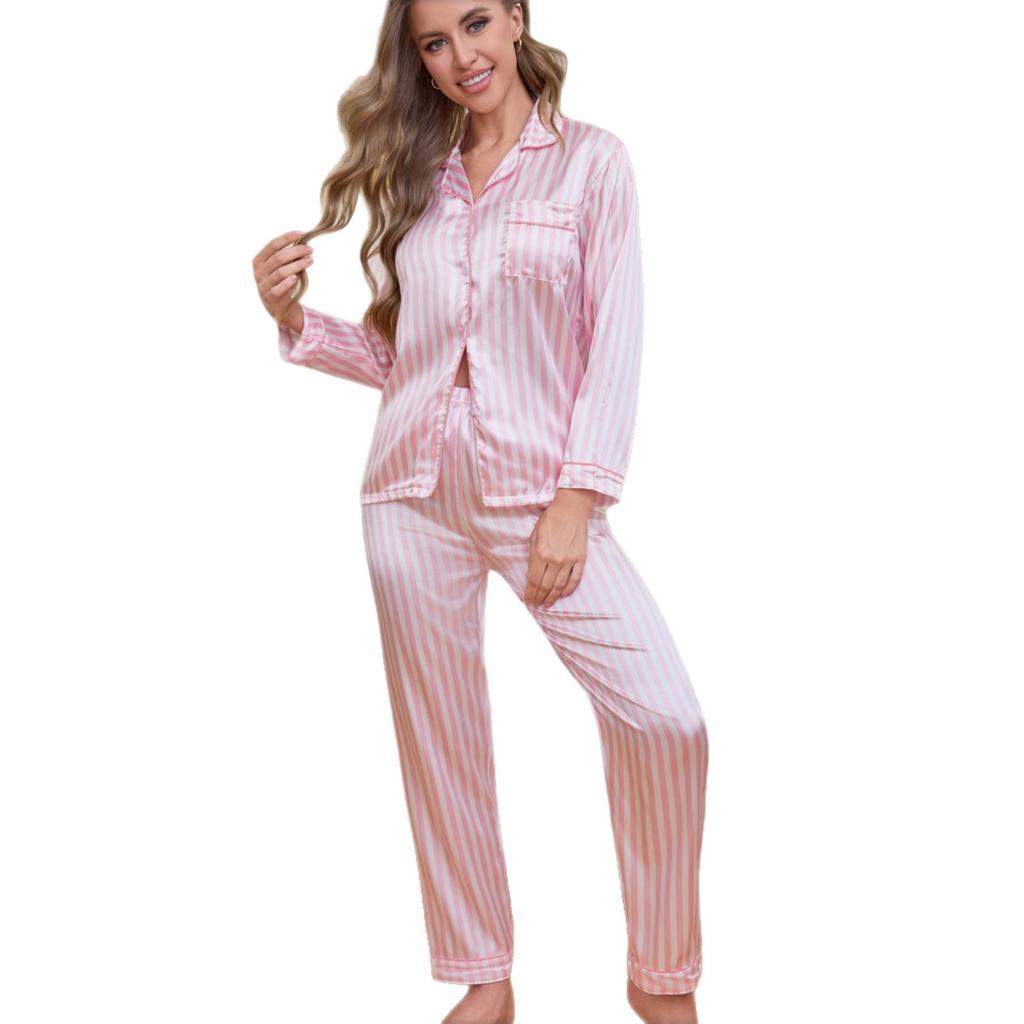 Damen Freizeit 2-teiliges Schlafset Satin Nachtwäsche Rosa Gestreiftes Pyjama-Set Langarm Oberteil & Hose Outfit Luxuriöse Hauskleidung Loungewear