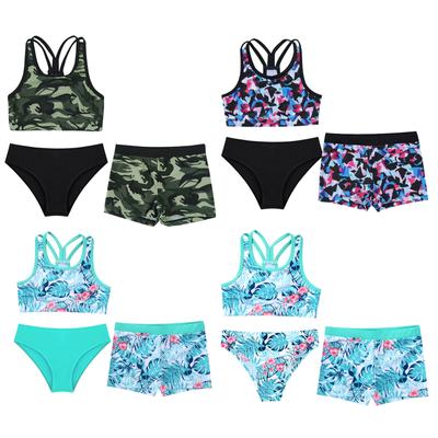 Kids Girls 3 Piece Floral Printed Swimsuit Criss Cross Sports Bra Boyshorts Tankini Bathing Suit