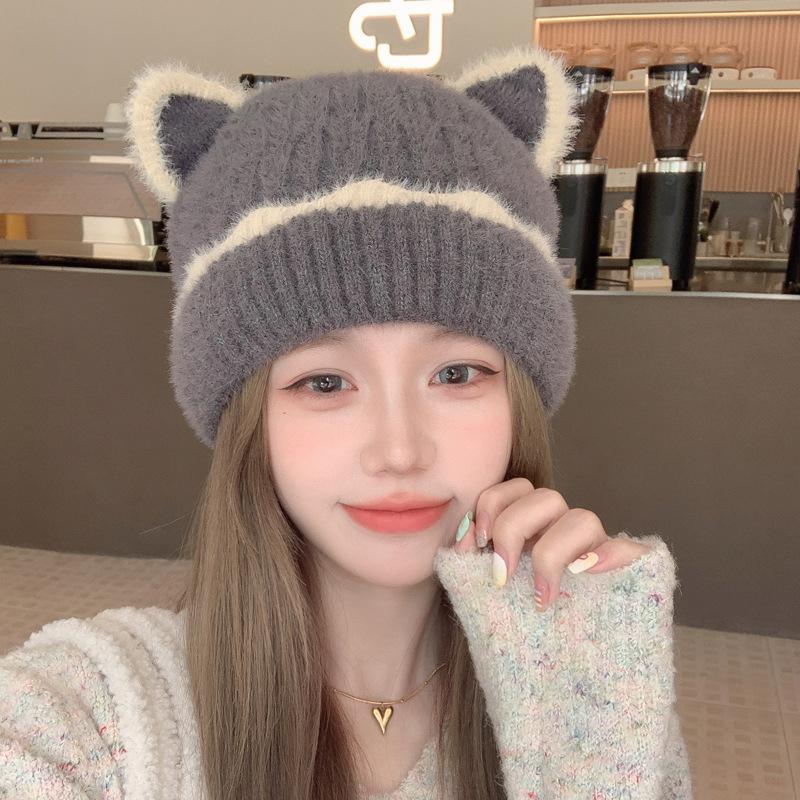 Korean Style Animal Ear Beanie Winter Hat for Women, Cute Knit Cap with Ears, Stretchy Warm Fuzzy Hat for Large Head