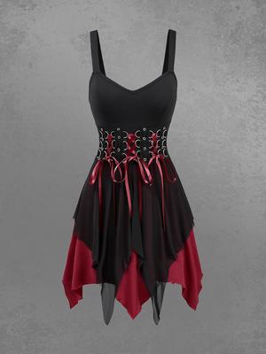 Rosegal Gothic D-Ring Lace Up Layered Backless A Line Tank Dress