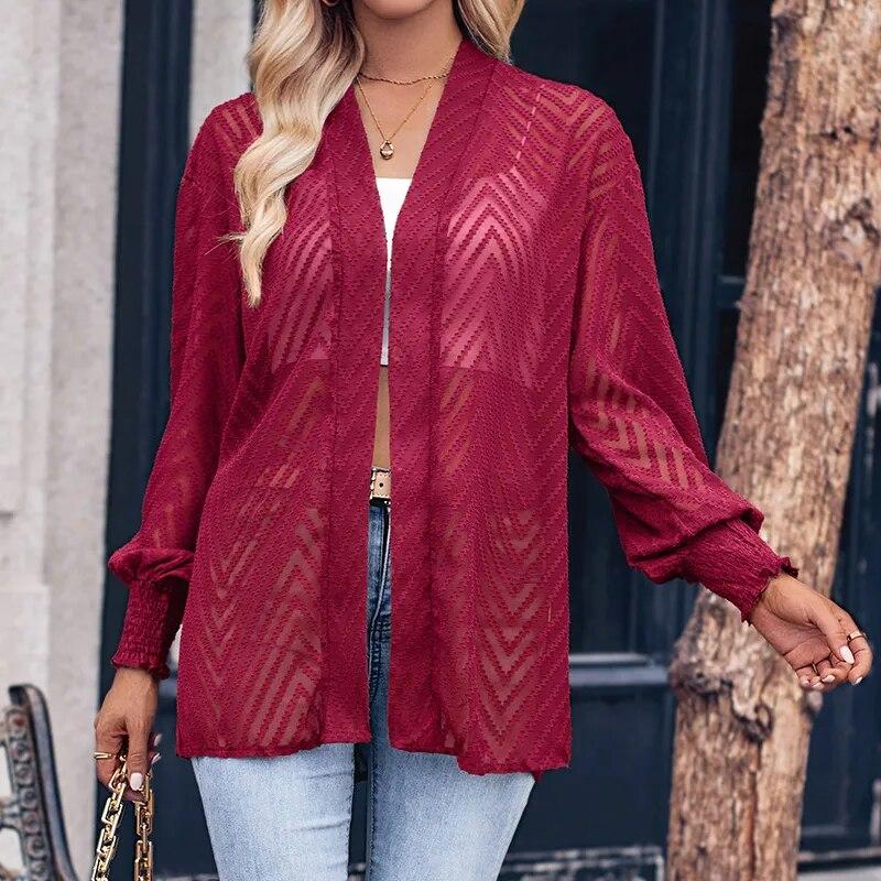 

Модная тонкая полая женская одежда, повседневная однотонная, свободная жаккардовый кардиган, женские весенне-осенние топы с открытой вышивкой и длинными рукавами 29426 XL бордовый