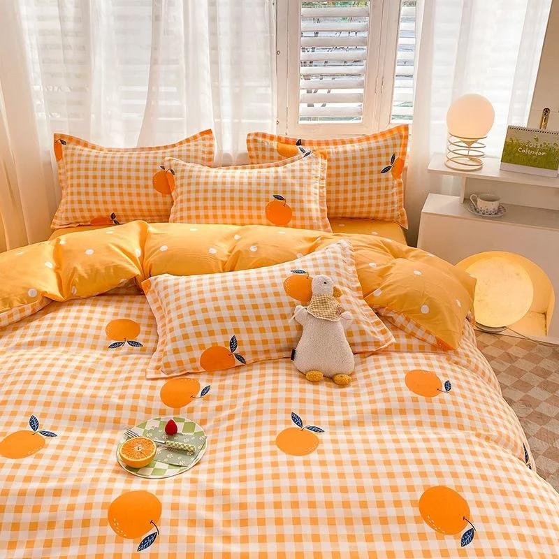 Kawaii Cherry Duvet Cover Set Pillowcase Flat Sheet Floral Boys Girls Twin Full Size Soft Bedding Kit Korean Ins Style Home Use