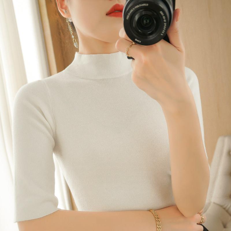 Women's Slim Fit Autumn Knit Sweater with Half High Neck & Mid-Sleeves