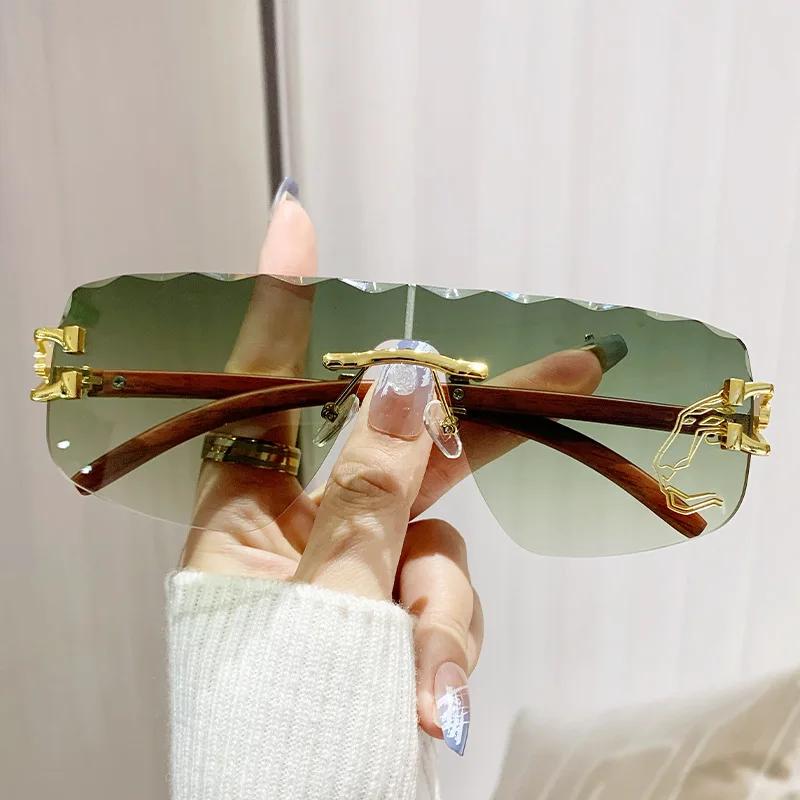 Popular Vintage Wave Rimless Sunglasses Women For Men Sun Glasses Punk Luxury Brand Designer Pink Gold Leopard Shades Uv400