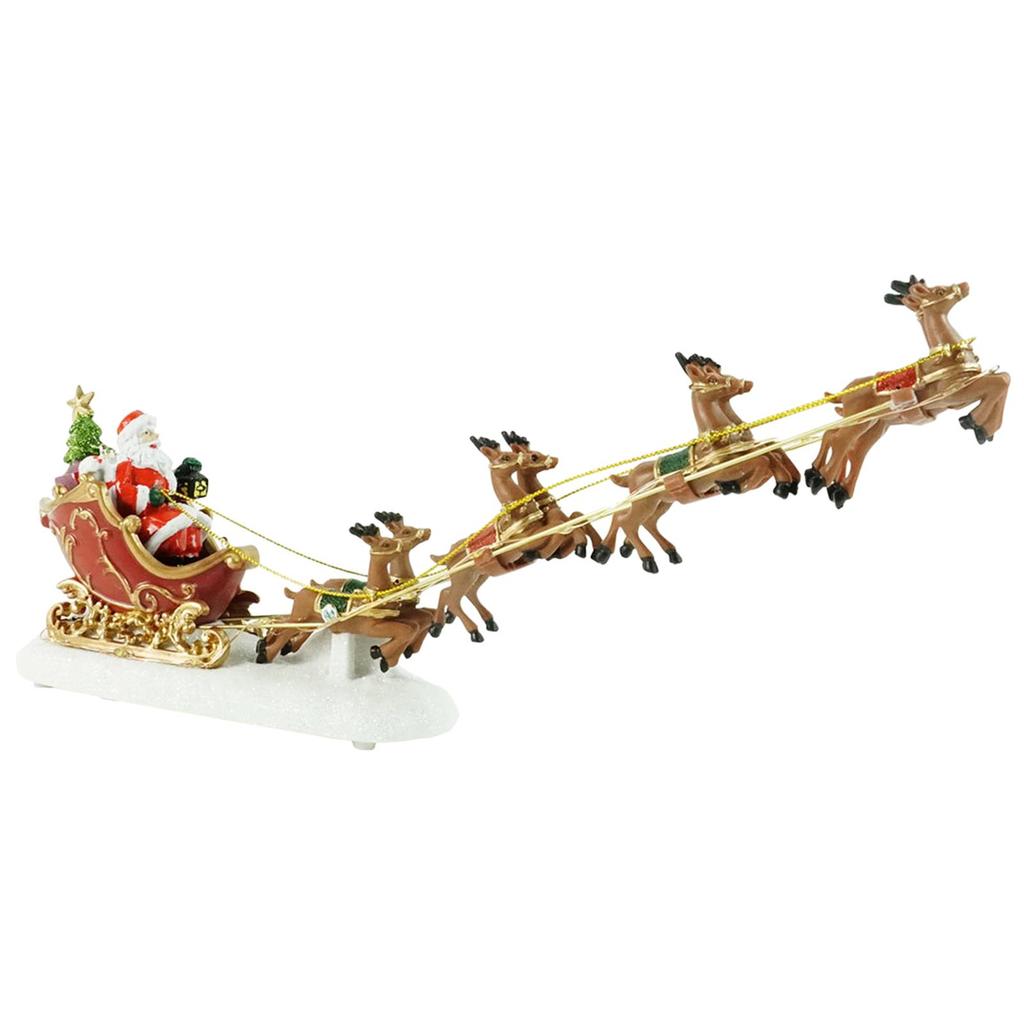 Santa with 8 Reindeer Ornament Christmas Scene Decoration Glowing Resin Art Statue for Tabletop Gift
