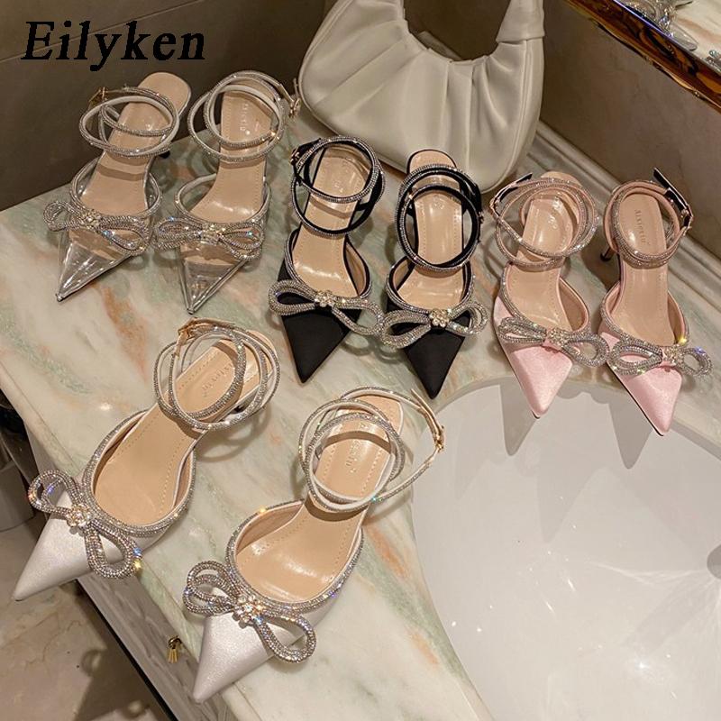 Fashion Eilyken Style Glitter Rhinestones Silk Transparent Pumps Women Crystal Bowknot Satin High Heels Party Prom Stripper Shoes