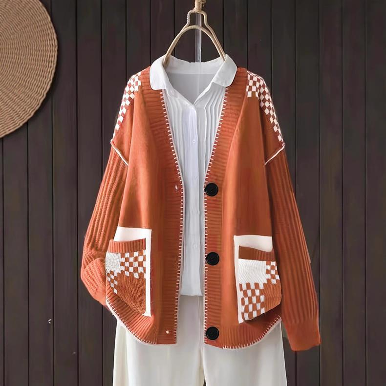 2026 Autumn/Winter Plus Size Plaid Knit Cardigan with Large Pockets for Women - Mid-Length, Long Sleeve Sweater Coat