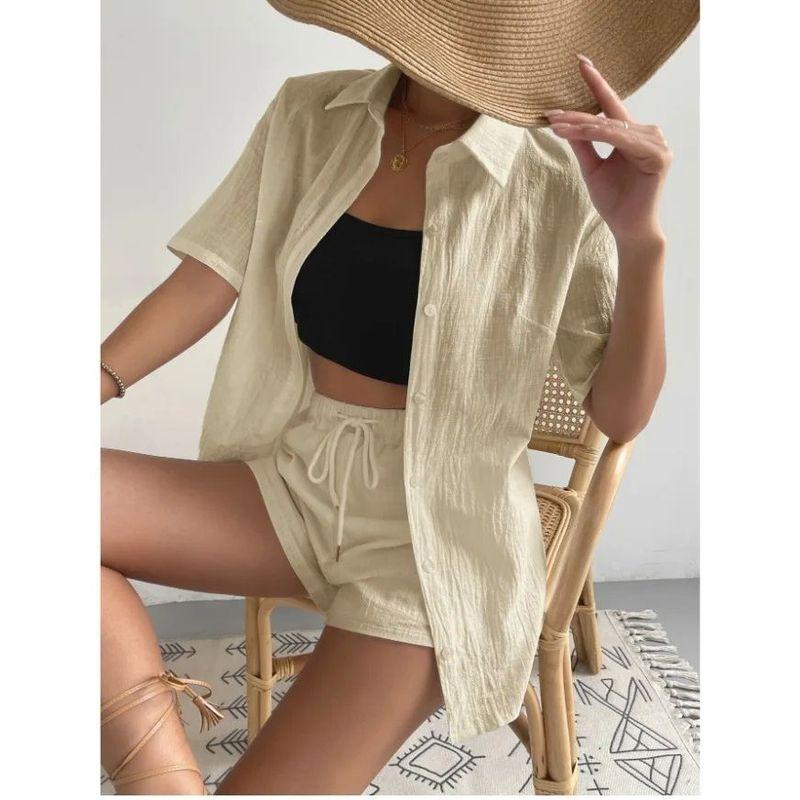 Collar Shirt Loose Lace up Shortset Lapel Shirt Loose Lace-up Shorts Suit