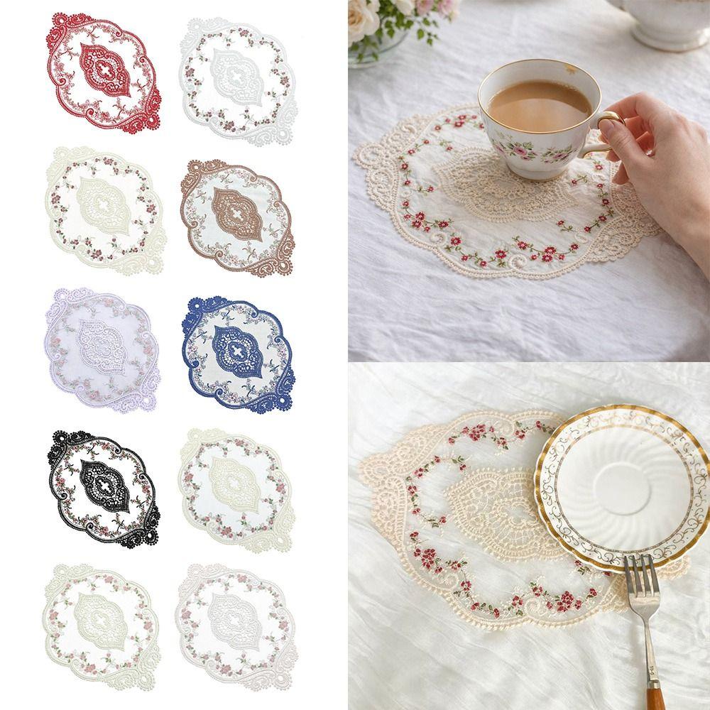 European Style Lace Embroidered Coaster Oval Coffee Drink Pad Dining Table Cover  for Home Decor