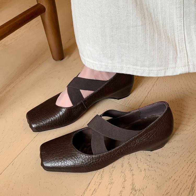 Chao Soft Sheepskin~ Inner Height Increase 5cm Elephant Pattern Light Mouth Single Shoes Retro Cold Ballet Shoes Female Mary Jane