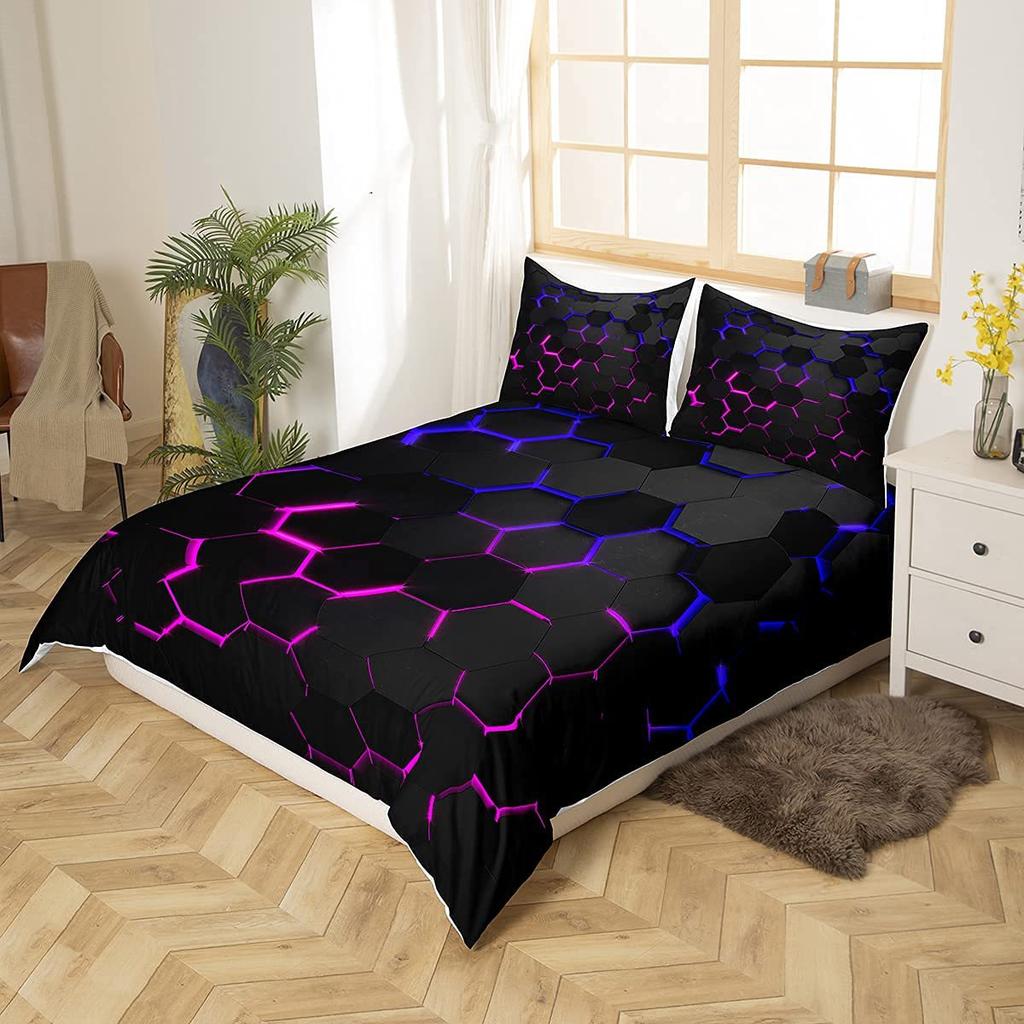 Pink Blue Neon Light Three-Piece Quilt Cover Digital Printing Bedding Set Honeycomb Bed Cover