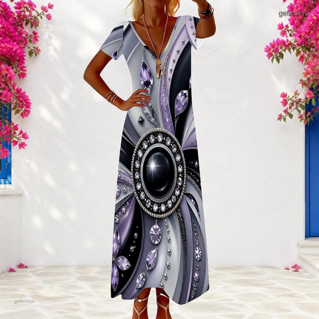 Women Plus Size V Neck Short Sleeve Black Dots Printed Long Dress