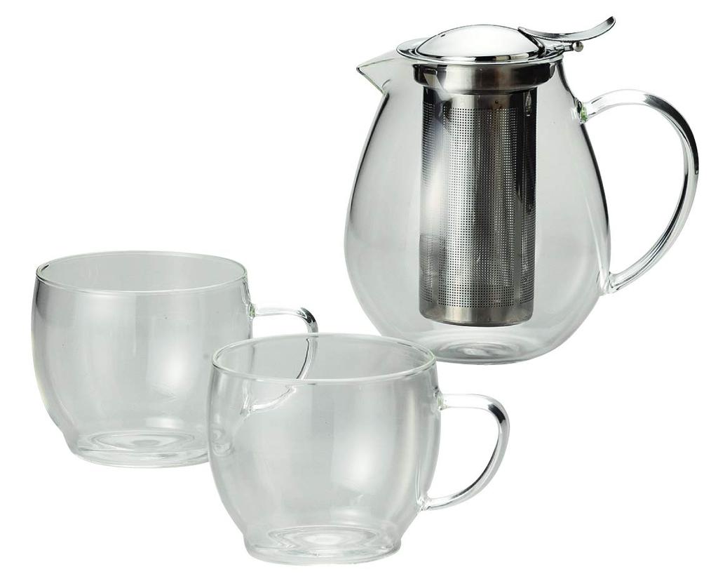 Maebata Feel Pair Tea Set Steel 580ml Pot and 150ml X D10 X X (51723) - Glass/Stainless Teapot, Cups, Pot W13.5 H12.5cm, Cup 8 H6.5cm