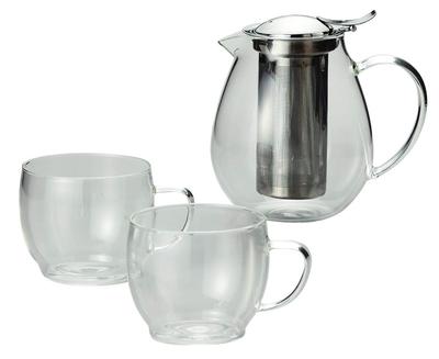 Maebata Feel Pair Tea Set Steel 580ml Pot and 150ml X D10 X X (51723) - Glass/Stainless Teapot, Cups, Pot W13.5 H12.5cm, Cup 8 H6.5cm