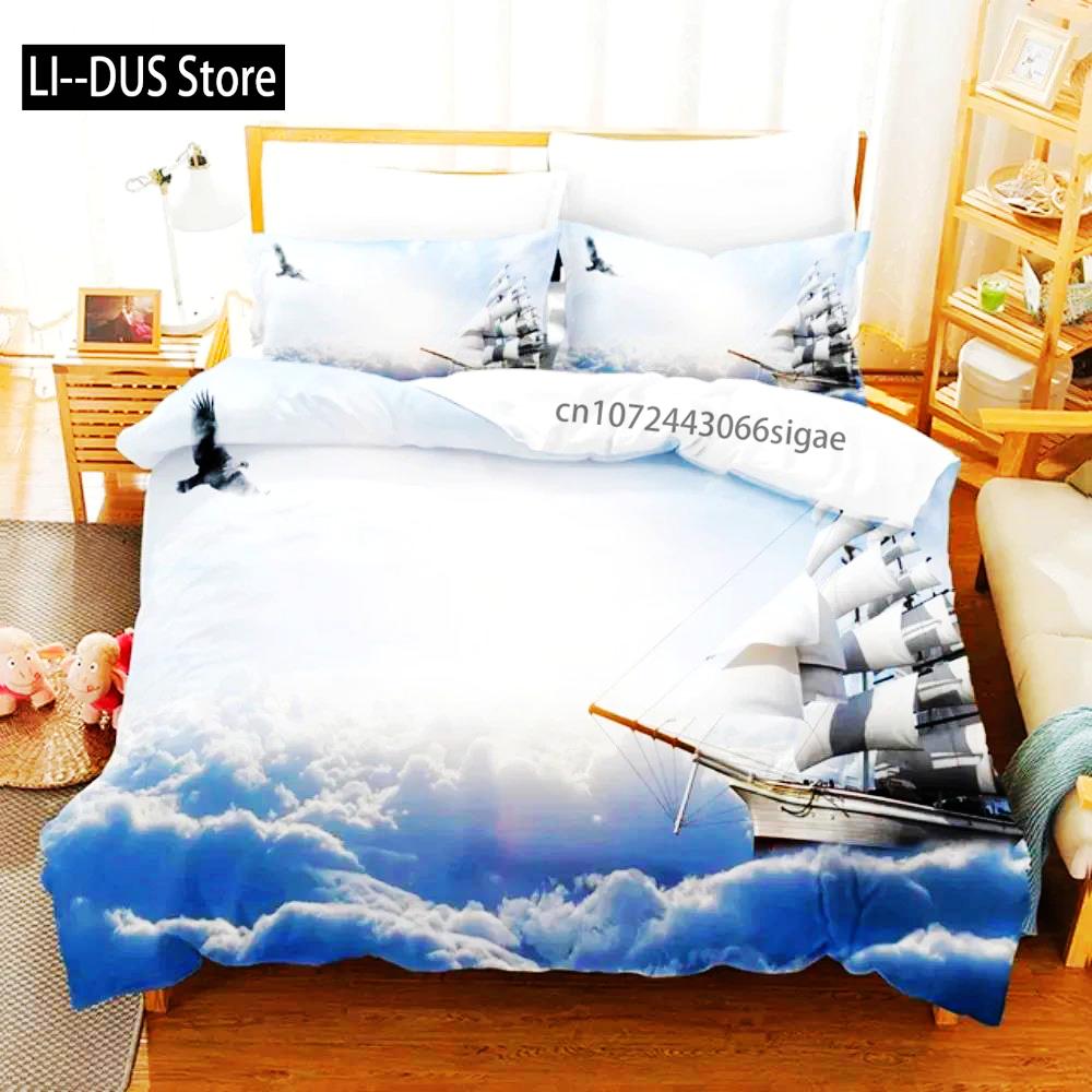 SailBoat Sea Bedding Set Ocean Sunset Scenery Duvet Cover Pillowcases Twin Full Queen King Size For Boys Adult Gift Bed Linen