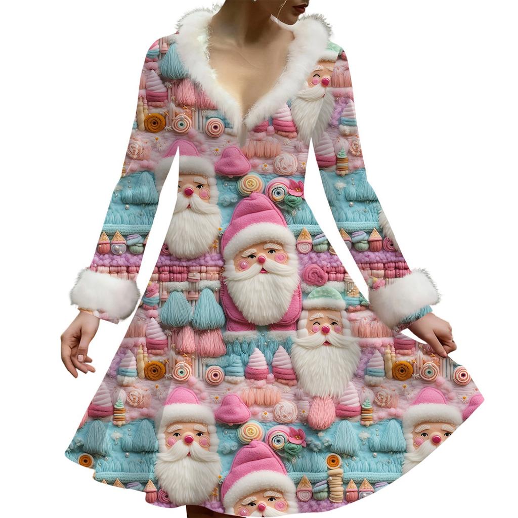 Women's Casual V-neck Christmas Print Plush Long-Sleeve Casual Dress