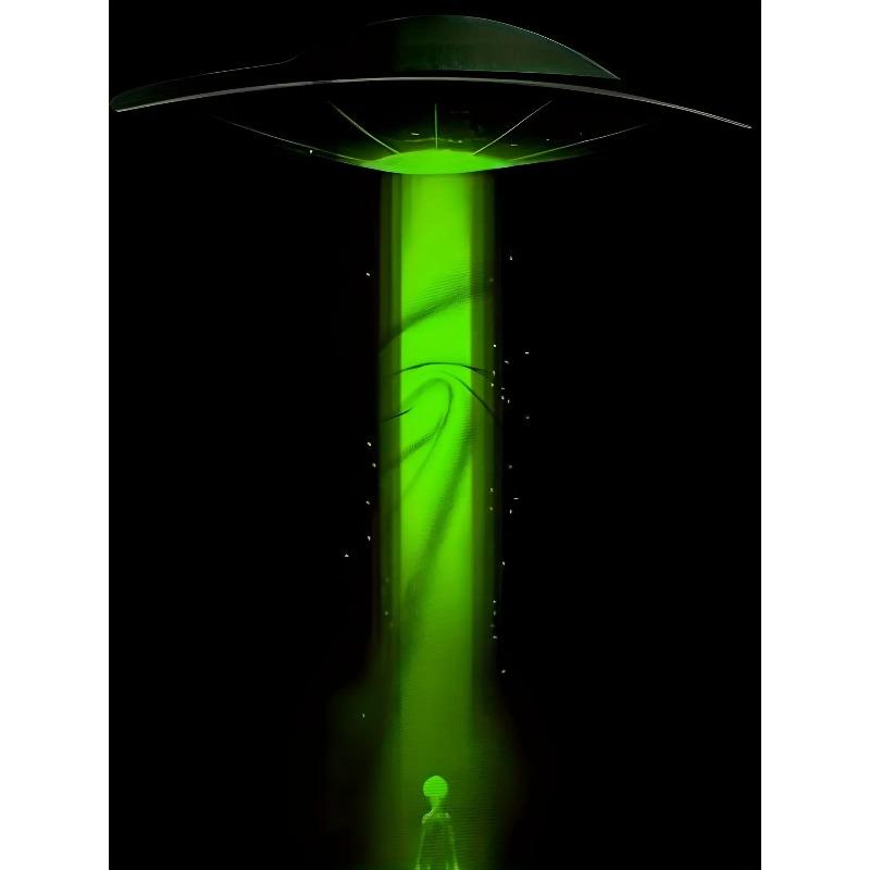 Europäische Größen Herren Schwarzes T-Shirt mit Aufdruck - Design mit neongrüner fliegender Untertasse und Alien-Raumschiff - Rundhalsausschnitt, Kurzarm, Maschinenwaschbar