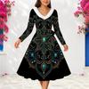 Women Plus Size V Neck White Fur Trim Long Sleeve Black Gem Print Flared Midi Dress