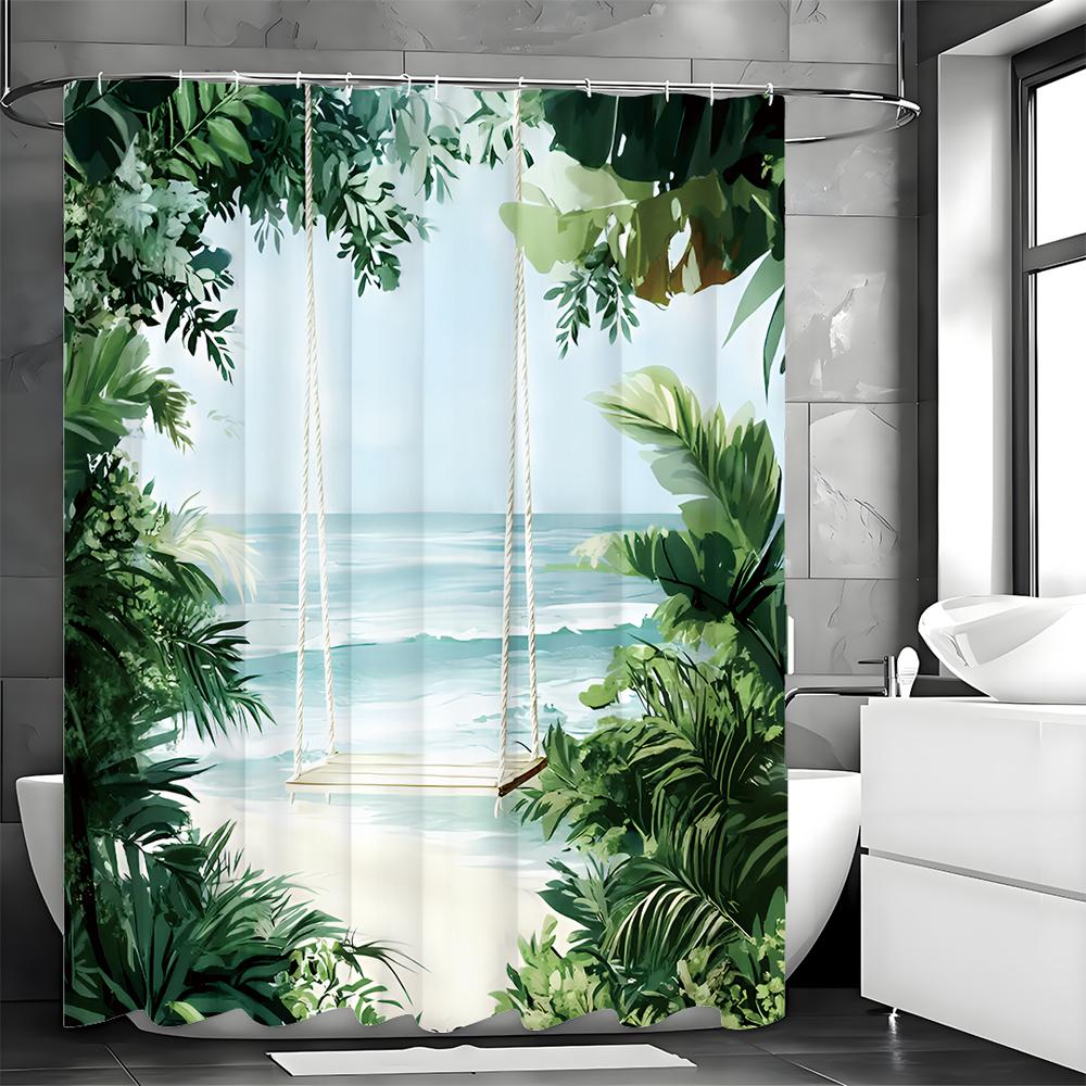 Ocean Beach Swing Greenery Shower Curtain, Bathroom Decorative Shower Curtain, Waterproof Shower Curtain with Hooks