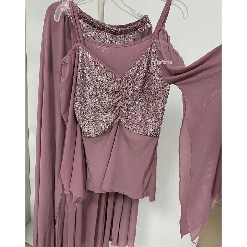 Women Belly Dance Costume Set Sequined Off Shoulder Long Sleeve Top Chiffon Split Skirt Oriental Dance Practice Outfit