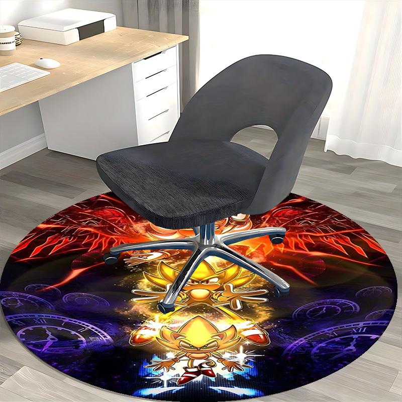 1 Stück Goldener Sonic the Hedgehog Anime Cartoon Design Runder Teppich für Bürostuhlmatte, Rutschfester Teppich, Heimdekoration, Wohnzimmer, Schlafzimmer