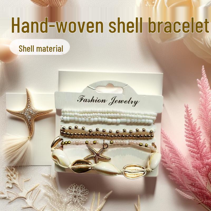 Starfish  Shell Seed Bead Bracelet Set - Handmade, Ocean Beach Style, 7-Piece 18K