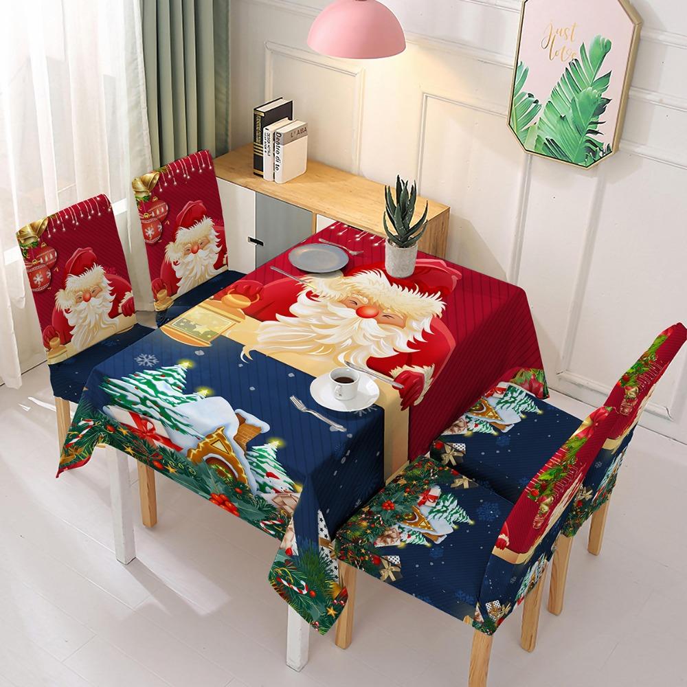 Christmas Polyester Waterproof Tablecloth with Printed Chair Covers Santa Claus Design Festive Decor
