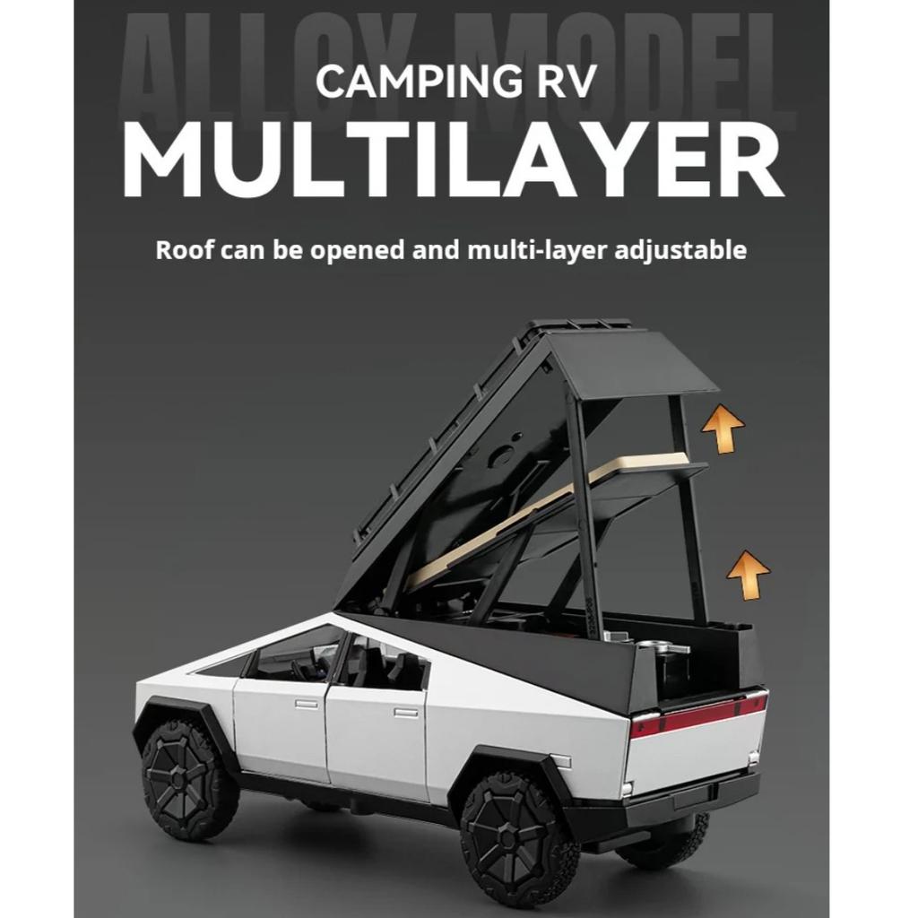 Maßstab 1/24 Tesla Pickup Camping Wohnmobil Automodell Diecast Metall Spielzeugfahrzeuge Automodell Sound Licht Sammlung Kinderspielzeug Geschenk