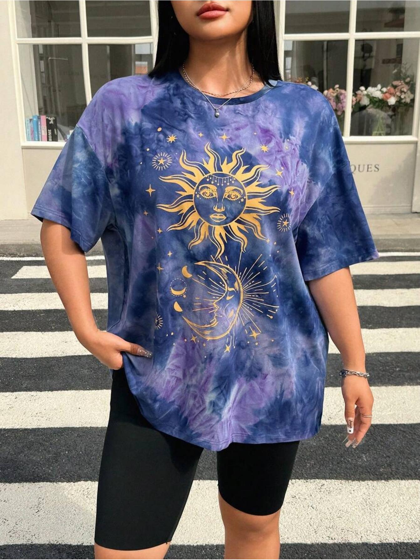 

Muchica Women S Sun Face Tie-Dye Print Round Neck Short Sleeve T-Shirt XL дубильна кора