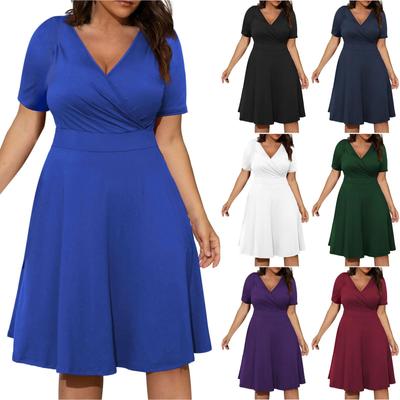 Vestidos sólidos manga curta envoltório quadril vestido sexy cor sólida vestido plus size