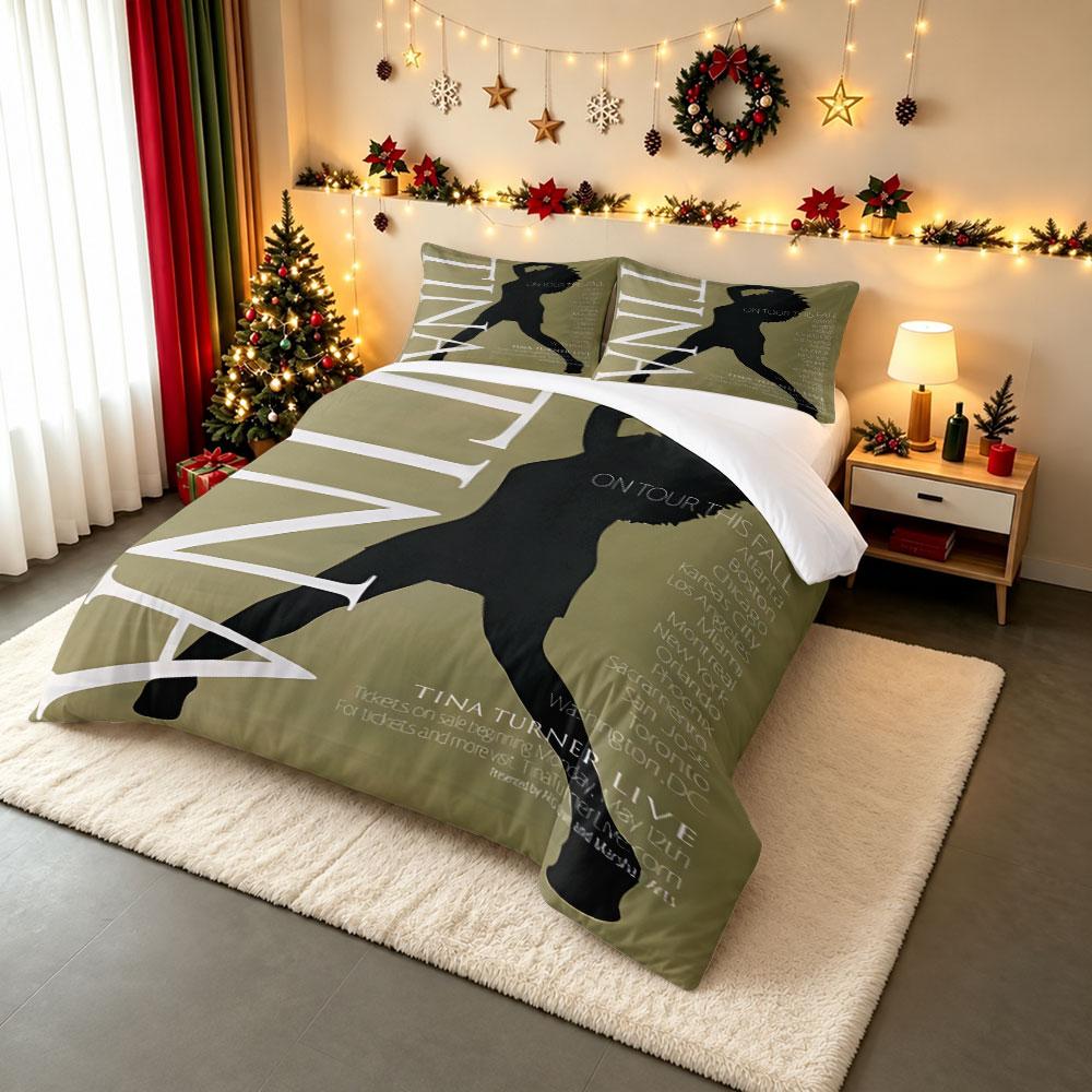 Tina Turner Live On Tour Silhouette Poster Bedding Set, Beige Dancer Mic Art Print Duvet Cover, Rock Queen Music Fan Bedroom Decor