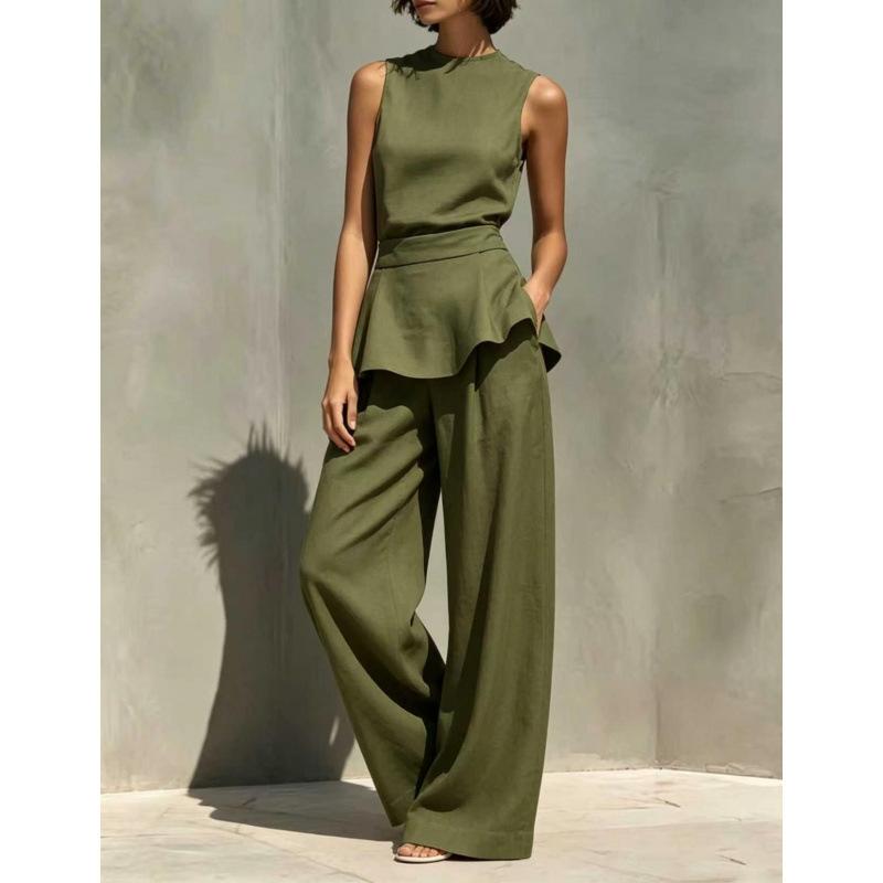 European and American new women's sleeveless vest vest ruffle edge wide-leg pants cotton and linen two-piece women's clothing